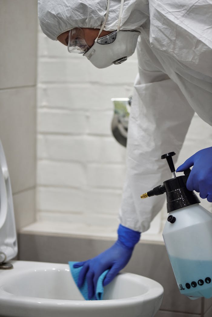 Person in protective gear cleaning and disinfecting a toilet in a bathroom environment.